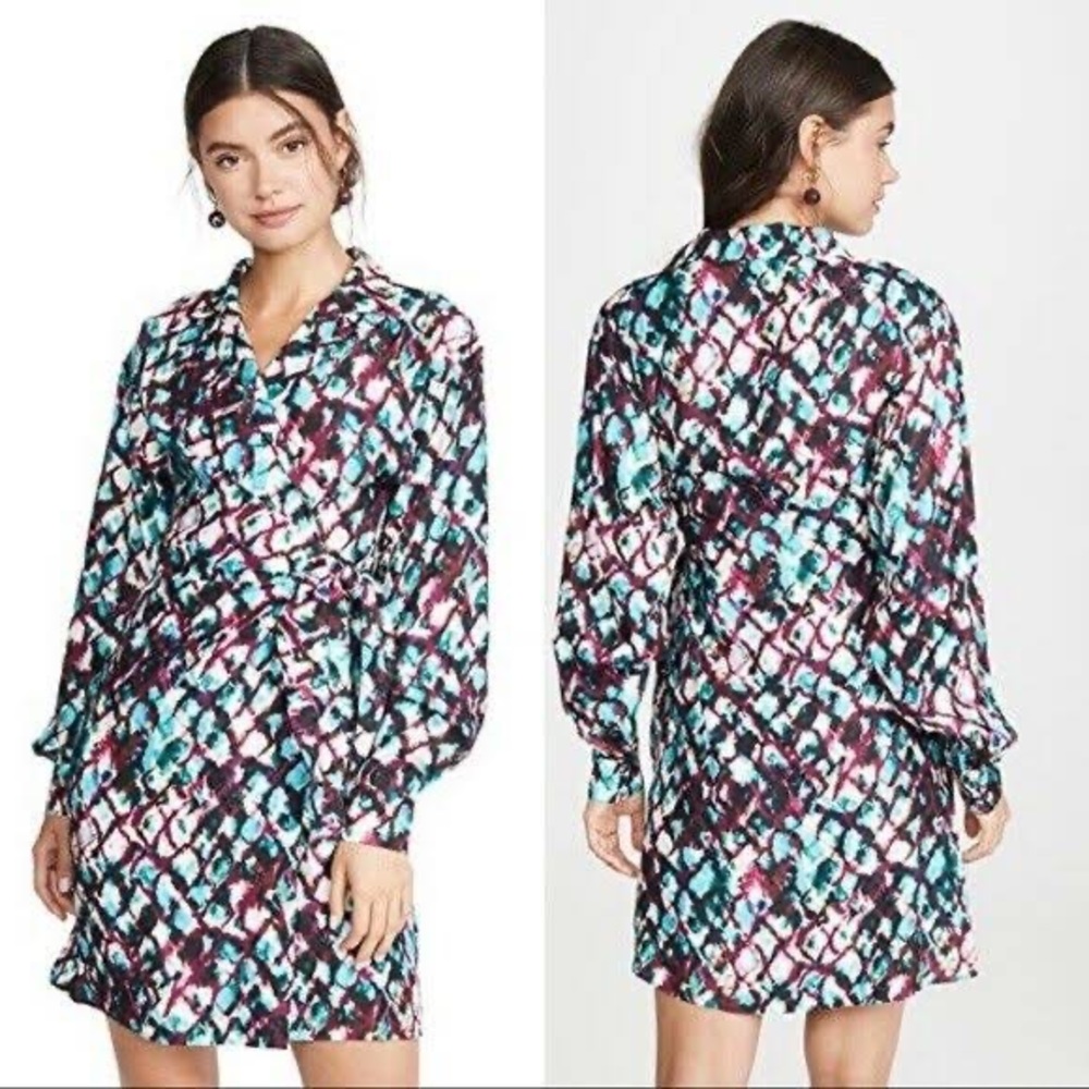 SALONI Mari Abstract Watercolor Collar Tie Front Silk Satin Wrap Mini Dress 4